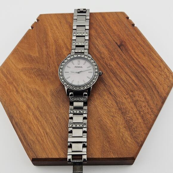 Fossil Women's Gunmetal Silver Bracelet Watch Rhinestone Crystal Bezel ES-3207 - Picture 4 of 7